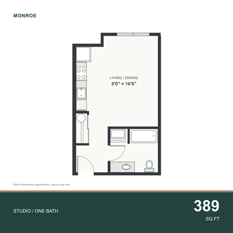 Floor plan for studio, 1 bath, 389 sqft